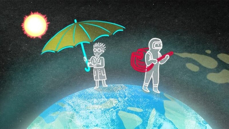 Grafik: Zwei Männchen stehen mit einem Schirm auf der Erde. – Bild: ARTE/​HR