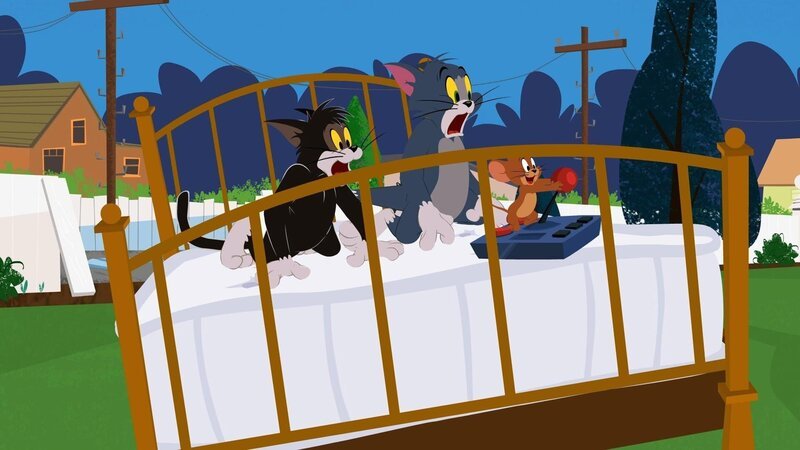 Tom und Straßenkater Tim erleben auf dem neuen Bett eine wilde Fahrt und Jerry hat die Katzen in der Hand. – Bild: Courtesy of Warner Brothers