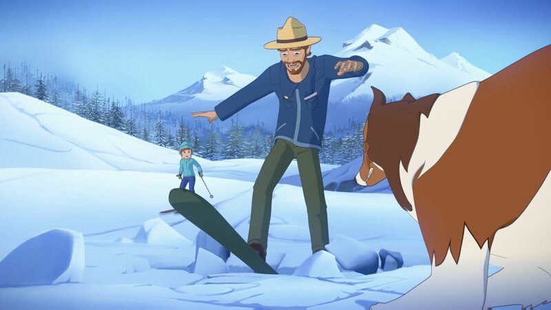 Erschrocken sehen Zoé (hinten) und Lassie, wie das Eis des Gletschers nachgibt und Graham in eine Spalte fällt. – Bild: ZDF/​Superprod/​ZDFE