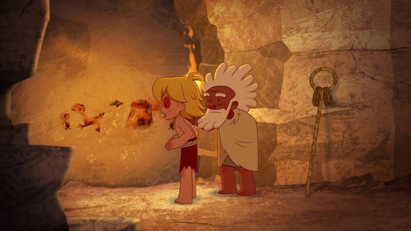 Tib kann es nicht glauben, als Aron ihm die Höhlenmalerei erklärt. Tumtum soll ein Junge sein, der in einem Ritual verwandelt wurde. – Bild: KiKA