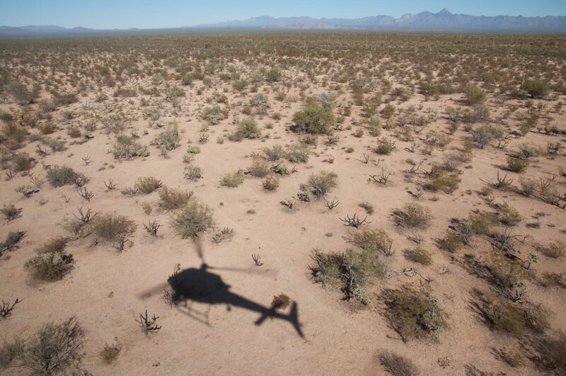 Nogales, AZ: Shadow of a flying helicopter in the desert. Helicopters have been a great aid to Customs and Border Protection agents searching for smugglers and illegal immigrants. – Bild: NGT /​ Kevin Cunningham