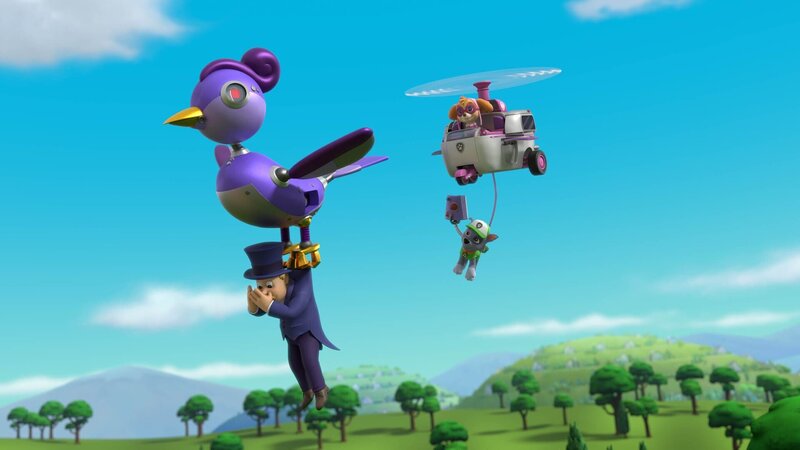 Unten, v.li.: Mayor Humdinger, Rocky. Oben: Skye (r.) – Bild: Paramount