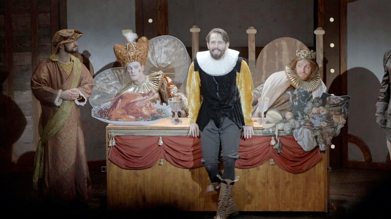 Aufführung im English Theatre Frankfurt – Szene aus: „Something Rotten“ (v.l.n.r.): Jonathan Norman, Liam Huband, Greg Miller Burns und Matt Beveridge. – Bild: HR