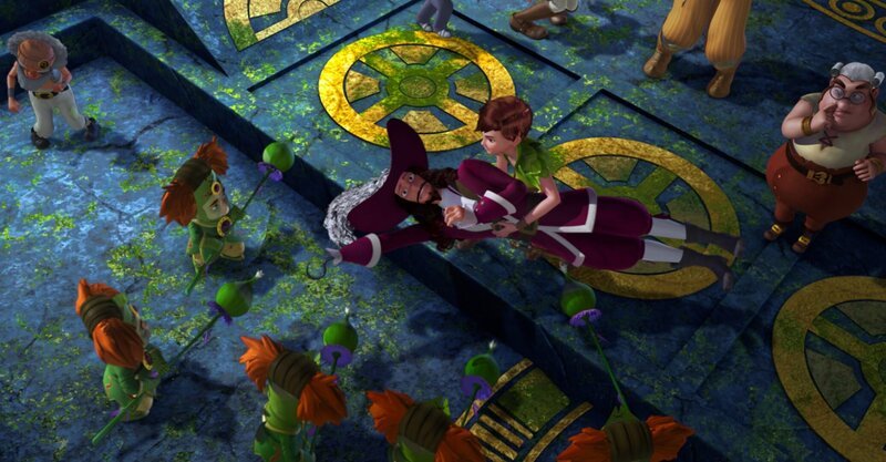In der Halle der kleinen grünen Chumbas findet Peter Pan die Piraten, die mit einem Blütenstaub bestäubt wurden, der sie hat erstarren lassen. – Bild: ZDF/​DQ Entertainment