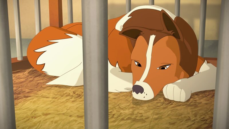Betrübt harrt Lassie, die unschuldig des Diebstahls verdächtigt wird, im Käfig aus. – Bild: ZDF und Superprod