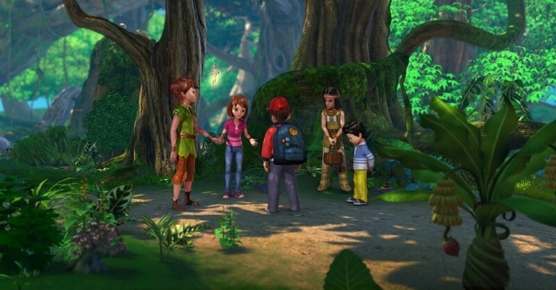 John, Peter Pan, Tinker Bell, Wendy und Beaver Bob überlegen, wie sie Nimmerland retten können. Micheal (rechts) hat mit seinem Übermut alle in Gefahr gebracht und will auch helfen. – Bild: ZDF/​DQ Entertainment