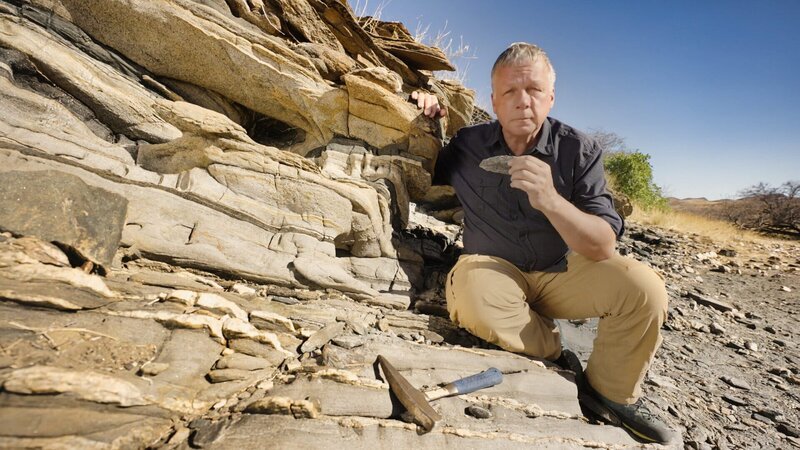 Der Geologe Colin Devey, (GEOMAR Helmholtz-Zentrum) untersucht stichprobenartig das Basaltgestein. – Bild: ZDF und Ricardo Garzon./​Ricardo Garzon