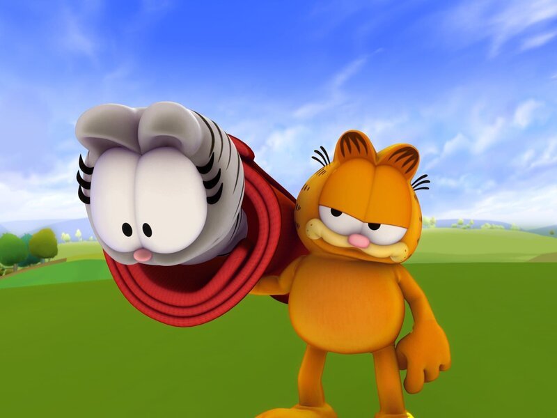 Nermal geht Garfield gehörig auf die Nerven. Darum schmeißt er ihn in die Mülltonne. – Bild: HR/​DARGAUD MEDIA
