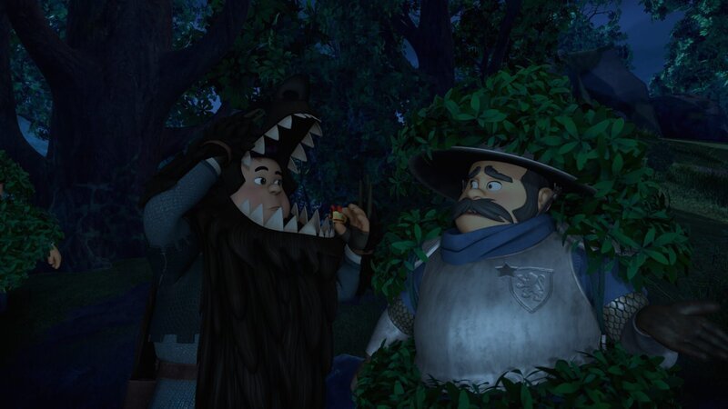 Der Sheriff bekommt Informationen von seinem Sohn, der sich als Werwolf verkleidet hat um so Robin Hood anzulocken. – Bild: ZDF und 2014 Method Animation