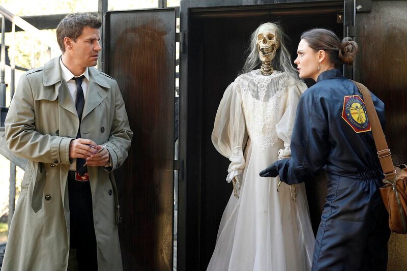 Bild: BONES: Booth (David Boreanaz, L) and Brennan (Emily Deschanel, R) examine a skeleton found at the scene of a fire in the BONES episode „The Witch in the Wardrobe“ airing Thursday, May 6 (8:00–9:00 PM ET/​PT) on FOX. &#xa9;2010 Fox  …