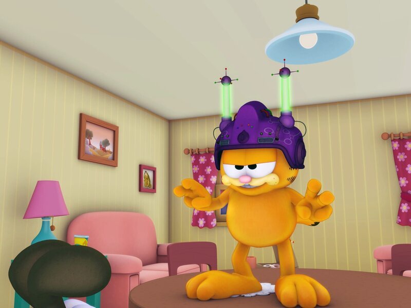 Garfield hat ein Waffeleisen bestellt, geliefert bekommt er aber einen Helm, mit dem man die Gedanken anderer Wesen hören kann. – Bild: KiKA