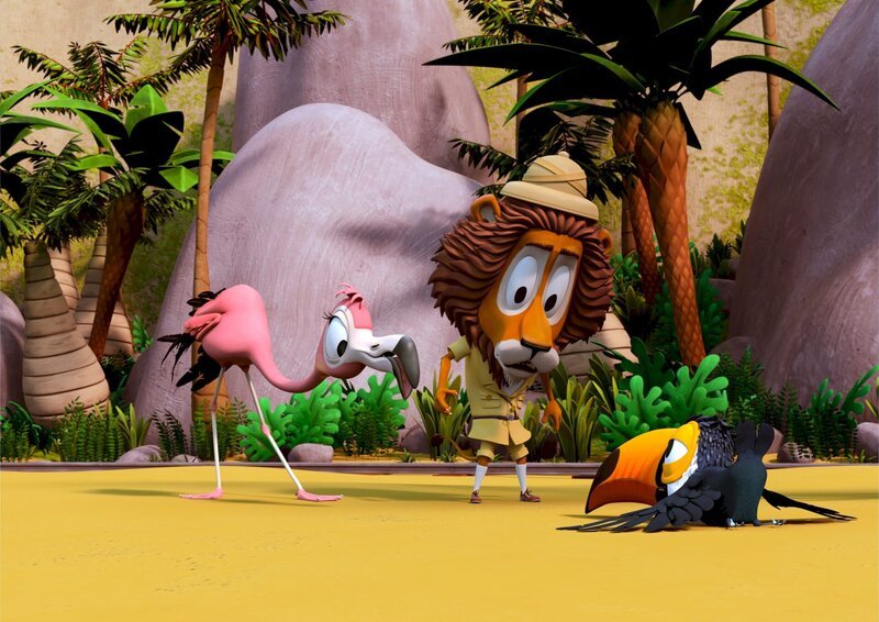 Toni, der Tukan, ist bei den Proben für die Flugschau, abgestürzt. Lionel, der Löwe, hat bei den Proben zu viel von ihm verlangt. Toni traut sich nun nicht mehr in die Lüfte, so dass Flora, die Flamingo-Teenagerin, für ihn einspringen soll. – Bild: ZDF/​Grid Animation, TELEGAEL
