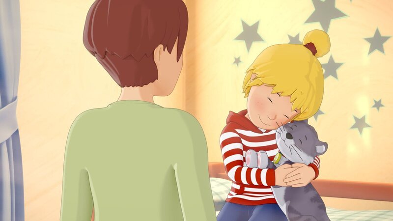 Conni verabschiedet sich von Kater Mau, bevor sie mit ihren Kindergartenfreunden verreist. – Bild: ZDF und © Wild Bunch./© Wild Bunch Conni verabschiedet sich von Kater Mau, bevor sie mit ihren Kindergartenfreunden verreist. – Bild: ZDF und © Wild Bunch./© Wild Bunch