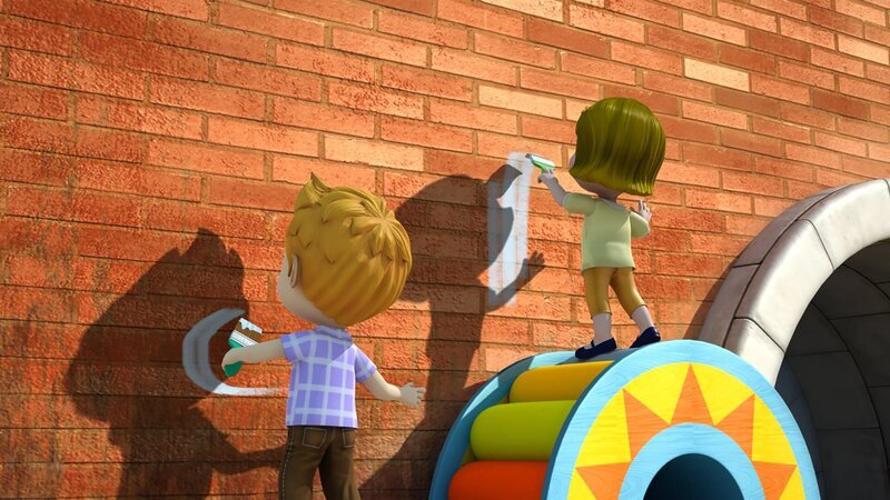 Gemeinsam bemalen die Kinder die Wand. – Bild: KiKA/​FunnyFlux/​QianQi/​EBS/​CJ E&M