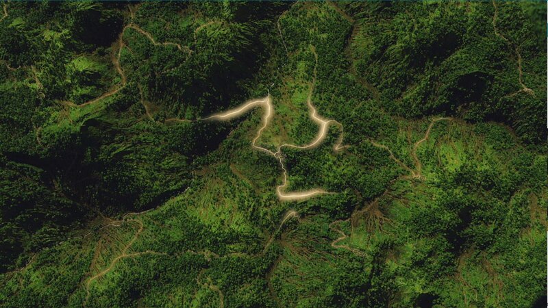 CGI-Nachbildung der Pfade, die von den in Kolumbien entdeckten Kogi-Dorfhütten ausgehen. (National Geographic) – Bild: National Geographic /​ National Geographic
