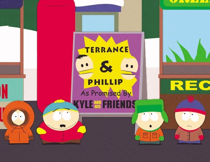 South Park ist Veranstaltungsort des großen Festes zum „Gehirnwäsche-Tag der Erde“ und (v.li.) Kenny, Cartman, Kyle und Stan sollen das berühmte Komikerpaar Terrance und Phillip dafür engagieren. Leider sind die beiden seit Jahren verfeindet … – Bild: Comedy Central