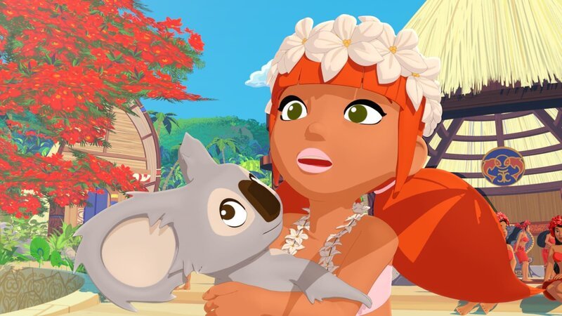 Marina hat sich geschmückt für das große Fest „Heiva“, das heute auf der Insel Maotou stattfindet. Mit ihrem Koala Raoul auf dem Arm wartet sie darauf, dass Yann zum Fest kommt. – Bild: ZDF/​Media Valley/​Marzipan Films/​TF1/​Gaumont Animation