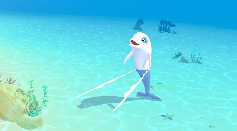 Der weiße Delfin Zoom freut sich. Er hat am Ufer seinen Freund Yann entdeckt. Er wird ihn zu Yanns kleiner Schwester Marina führen, die sich davongeschlichen hat, um eine Meerjungfrau zu finden. – Bild: ZDF/​Media Valley/​Marzipan Films/​TF1/​Gaumont Animation