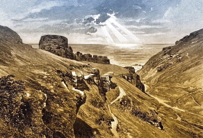 Historical drawing from the 19th Century ruins of Tintagel Castle from the legendary King Arthur Tintagel on the coast of Cornwall England Europe digitally altered. – Bild: A&E Television Networks Lizenzbild frei