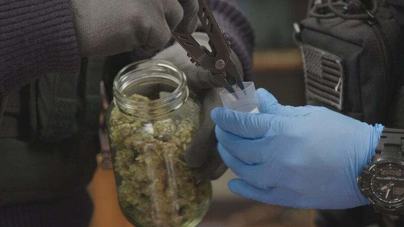Zwei CBP-Beamte testen eine grüne Substanz in einem Glas, bei der es sich vermutlich um Marihuana handelt. (Quelle: National Geographic) – Bild: National Geographic /​ National Geographic