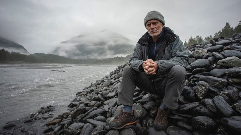 Landscape MS of Jeremy Wade sitting on rocks by a river in low light in the bay. Location: Port Fidalgo, Prince William Sound, Alaska. – Bild: Discovery Communications /​ For Show Promotion Only/​Discovery Communications, LLC/​For merchandising, publishing & ancillary products, please contact Global Rights Management./​Discovery Communications, LLC/​Tyrone Morgan