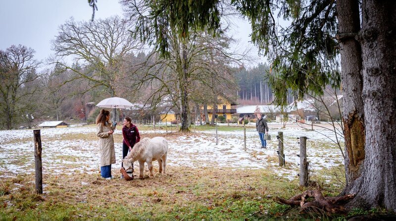 Ana (Soluna-Delta Kokol, l.) ist beeindruckt von Natalies (Teresa Klamert, M. mit Martin Walde, hinten r.) Leidenschaft für ihre Tierrettungsstation. – Bild: ARD/​WDR/​Christof Arnold