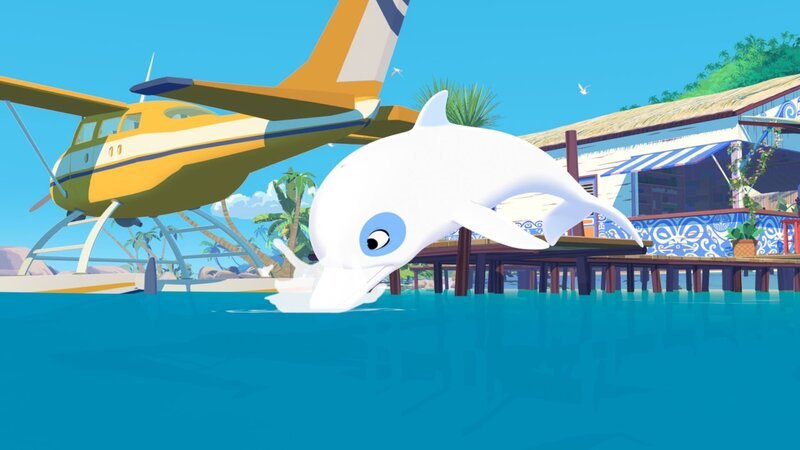 Jack hat von seinem Flugzeug aus einen Eisberg mitten im pazifischen Ozean gesehen. Er informiert das ganze Dorf und auch Zoom der weiße Delfin, ist ganz außer sich. Alle wollen den Eisberg sehen. – Bild: ZDF/​Media Valley/​Marzipan Films/​TF1/​Gaumont Animation