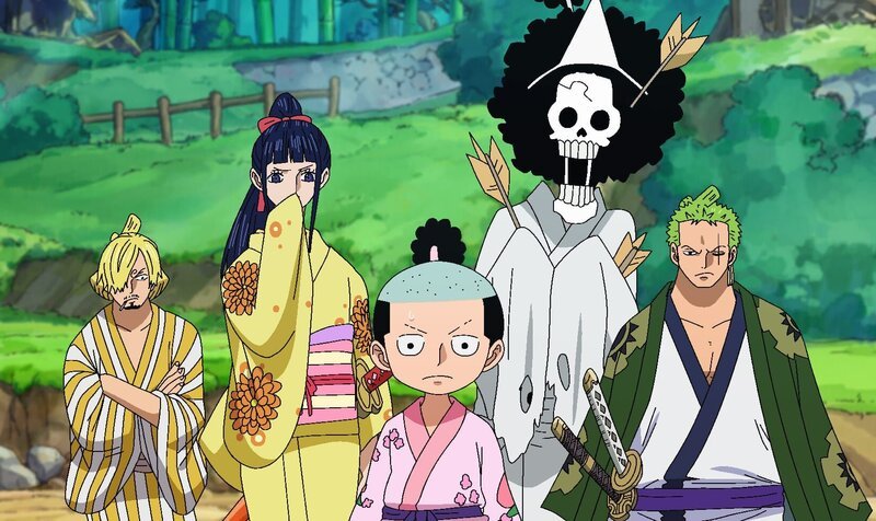 Sanji, Kiku, Momonosuke, Brook und Zoro. – Bild: Eiichiro Oda /​ Shueisha, Toei Animation Lizenzbild frei