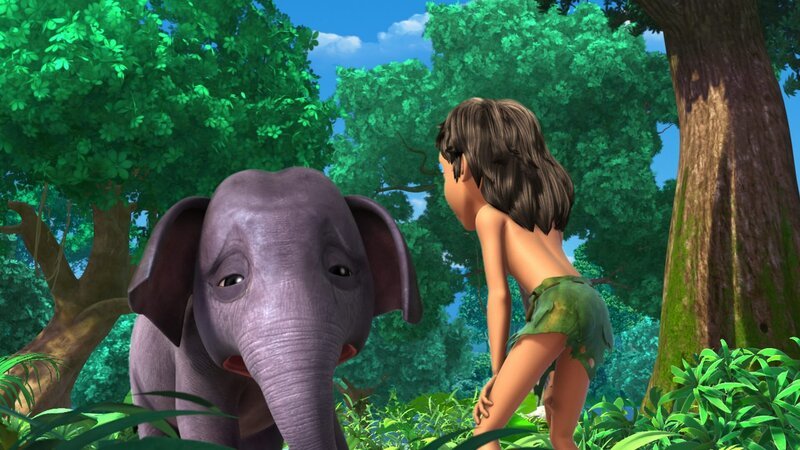 Hita (li.) ist traurig. Sie kann keinen kräftigen und lauten Elefantenruf trompeten. Mogli (re.) will ihr helfen. – Bild: ZDF und (c) DQ Entertainment./​(c) DQ Entertainment
