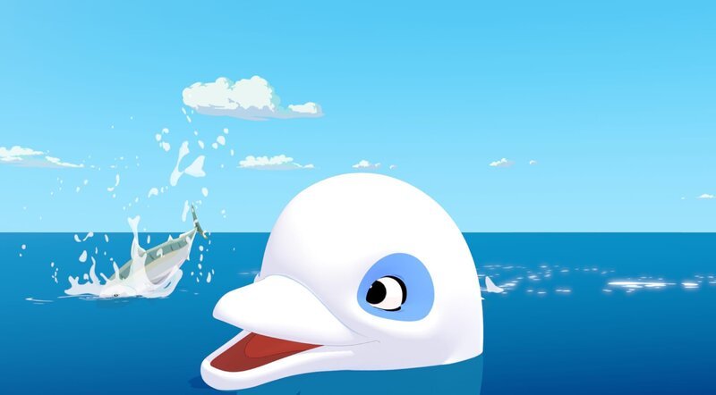 Der weiße Delfin Zoom schaut mit dem Kopf aus dem Wasser und schaut begeistert einem Fisch hinterher, der gerade neben ihm im Meer landet. – Bild: ZDF/​Media Valley/​Marzipan Films/​TF1/​Gaumont Animation