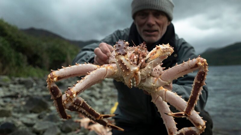 Landscape MS of Jeremy Wade crouching down holding a spider crab to the camera against a moody sky. Crab in focus, Jeremy out of focus. Location: Dutch Harbor, AK – Bild: Discovery Communications, LLC/​Jimmy Cape/​Jimmy Cape