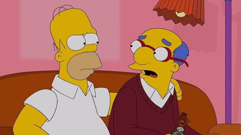 Nachdem Lisas Meerschweinchen das schöne Gemälde über dem Wohnzimmersofa der Simpsons zerstört hat, besorgt Homer (l.) Ersatz bei einem Garagenverkauf, den Kirk van Houten (r.) organisiert … – Bild: 2013 Twentieth Century Fox Film Corporation. All rights reserved. Lizenzbild frei