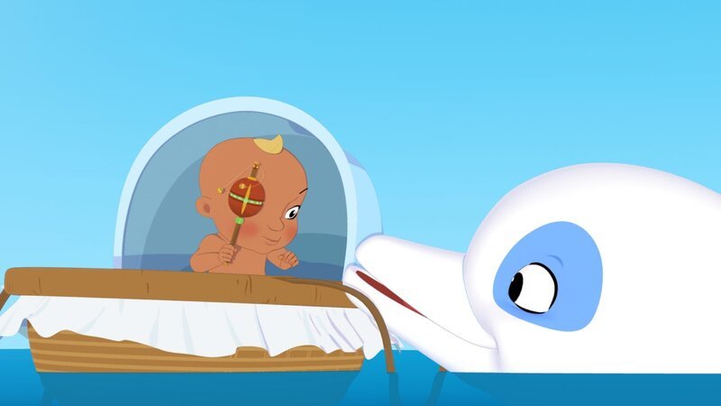 Zoom hat ein Körbchen mit einem Baby im Meer entdeckt. Der Delfin übernimmt sofort die Verantwortung und bringt das Baby an Land. – Bild: ZDF/​Media Valley/​Marzipan Films/​TF1/​Gaumont Animation