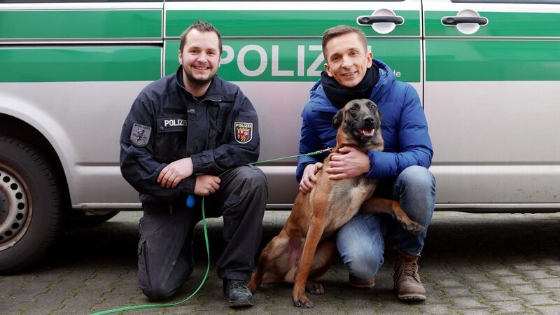 Wie werden Polizeihunde ausgebildet und zu wahren „Superschnüfflern“? „PUR+“-Moderator Eric Mayer ist unterwegs mit der Diensthundestaffel Mainz und trifft Hundeführer Manuel Groß mit Diensthund „Quarter“. – Bild: ZDF/​Sandra Palm