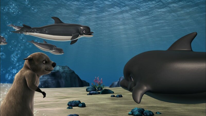 Der Delfin verabschiedet sich von Otter Bobsie und kehrt zu seiner Familie zurück. – Bild: KiKA