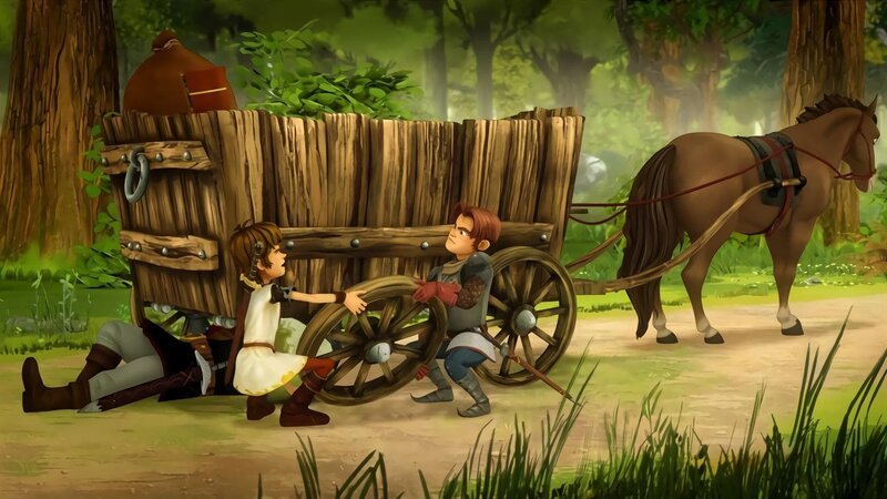 Arthur und Gawain müssen die gebrochene Achse der Kutsche reparieren. – Bild: SWR/​Blue Spirit Productions/​Canal+ Thématiques