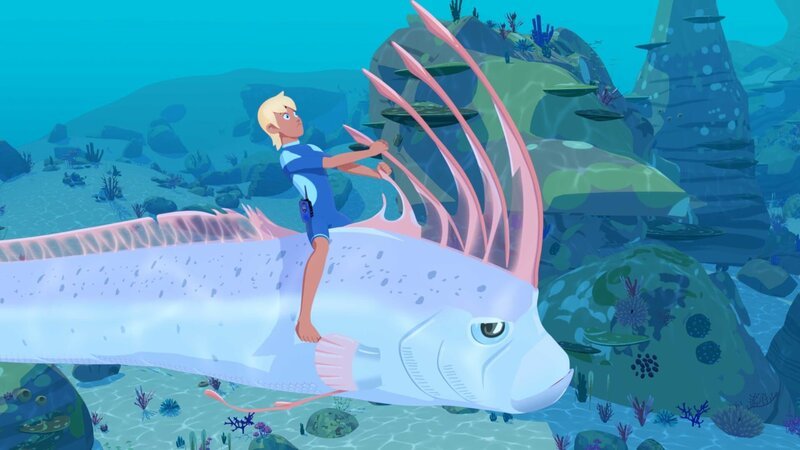 Yann reitet auf dem „Seeungeheuer“, das eigentlich nur ein großer Riemenfisch ist, der seine Brut schützen will. – Bild: ZDF/​Media Valley/​Marzipan Films/​TF1/​Gaumont Animation