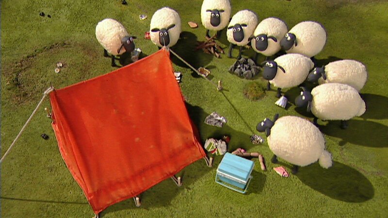 Ein Zelt auf ihrer Wiese und Chaos drumherum – Die Schafe stehen ratlos und neugierig davor. – Bild: WDR/​Aardman Animation Ltd./​BBC