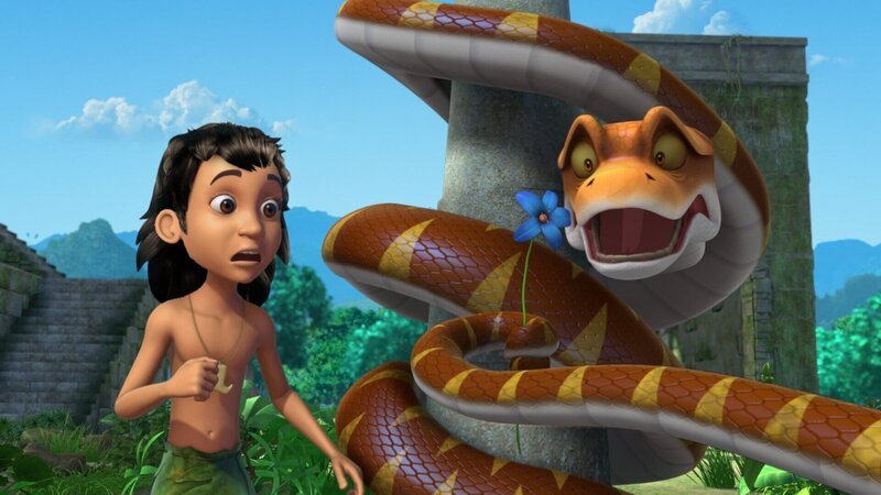 Mogli (li.) konnte nur noch eine Blume für Kaa (re.) retten. Ob die ausreicht, um den Schluckauf zu stoppen? – Bild: ZDF und (c) DQ Entertainment/​(c) DQ Entertainment