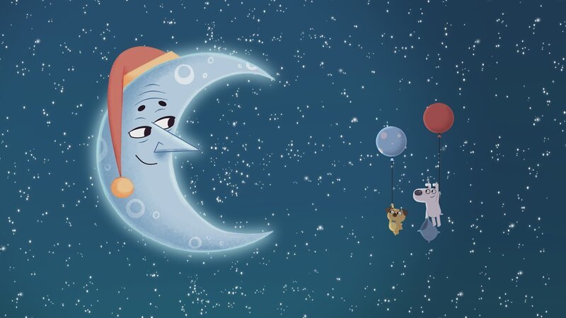 Beim Mond angekommen, können Dog und Puck das magische Kissen wieder mit Mondstaub füllen. – Bild: KiKA/​Dog Loves Productions Limited 2020