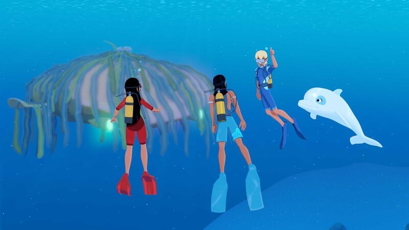 Timeti, Auru, Yann und Zoom haben unter Wasser ein merkwürdiges Ding entdeckt. Ein Phantom unter Wasser? – Bild: ZDF/​Media Valley/​Marzipan Films/​TF1/​Gaumont Animation
