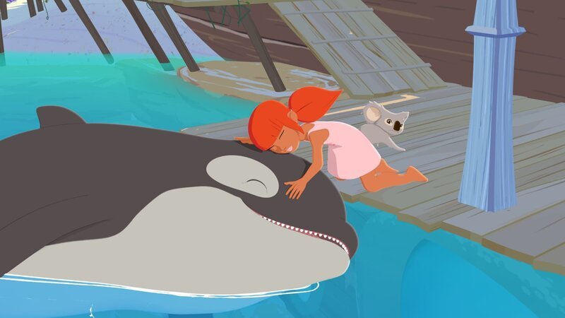 Marina (M.) hat den jungen Orca-Wal (l.), den Onkel Patrick mitgebracht hat, sofort ins Herz geschlossen. Sie gibt ihm feierlich den Namen Billy. Koala Raoul (r.) dagegen ist nicht sehr glücklich über den Neuankömmling. – Bild: KiKA