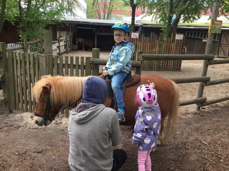 Gleicht geht es los. Jakob sitzt aufgeregt auf seinem Pony und darf gleich losreiten. Seine vierjährige Schwester Eva (re.) und sein Reitlehrer (li.) begleiten ihn.Â – Bild: ZDF/​Studio.TV.Film