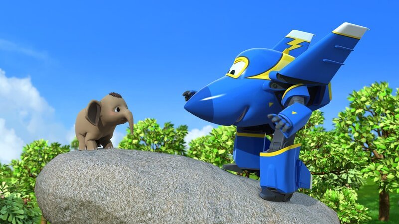 Jerome will den kleinen Elefanten vom Felsen locken. – Bild: KiKA/​FunnyFlux/​QianQi/​EBS/​CJ E&M