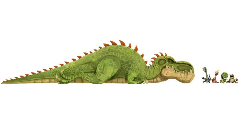 Ein schlafender Gigantosaurus! Die Freunde Bill, Rocky, Tiny und Mazu (v.l.n.r.) dürfen bloß keinen Mucks machen! – Bild: Super RTL