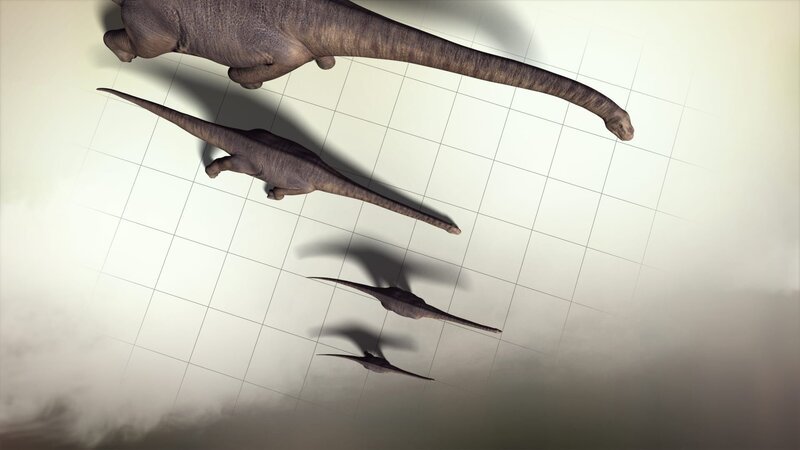 CGI: Looking down on scientific grid to see a comparison of 4 giant sauropods. – Bild: National Geographic Channels /​ NGC /​ PixelDust Studios