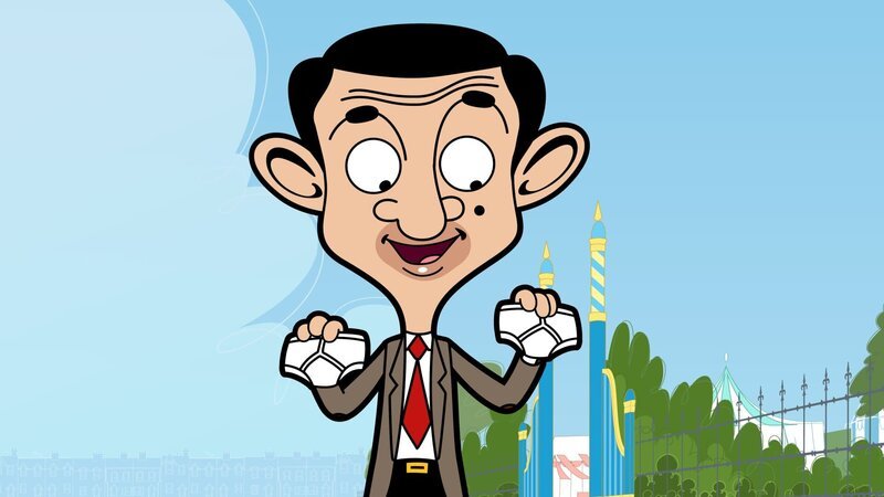 Mr. Bean möchte aus seiner Unterwäsche eine elastische Schleuder bauen, in die er sich setzen kann. So will er genug Geschwindigkeit aufnehmen, um vom Blitzer geknipst zu werden. – Bild: Boomerang (DE) /​ Tiger Aspect Productions 2014 Ltd