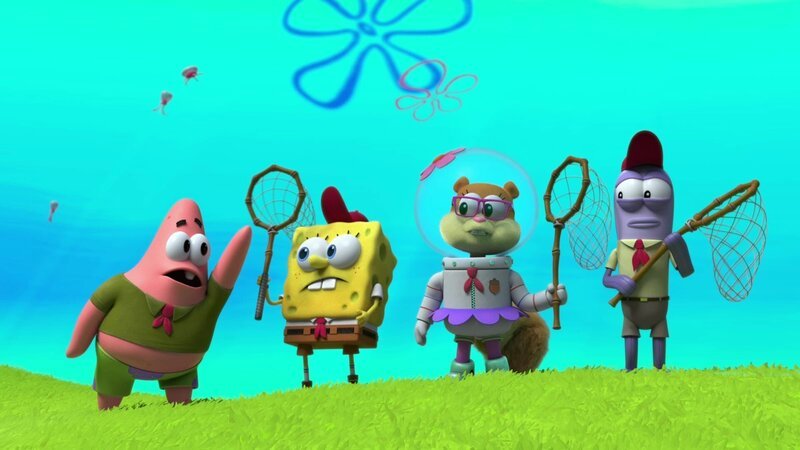 Patrick (l.), SpongeBob (2.v.l.), Sandy (2.v.r.) – Bild: ViacomCBS