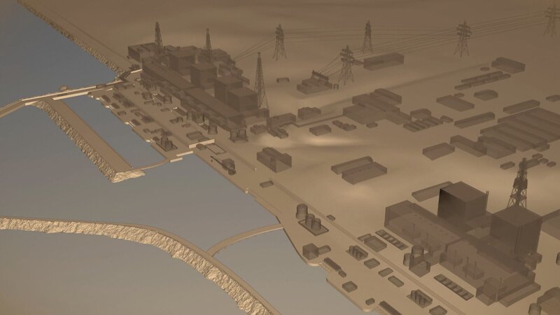 CGI: Vogelperspektive des Kraftwerks Fukushima. – Bild: Darlow Smithson Productions Ltd