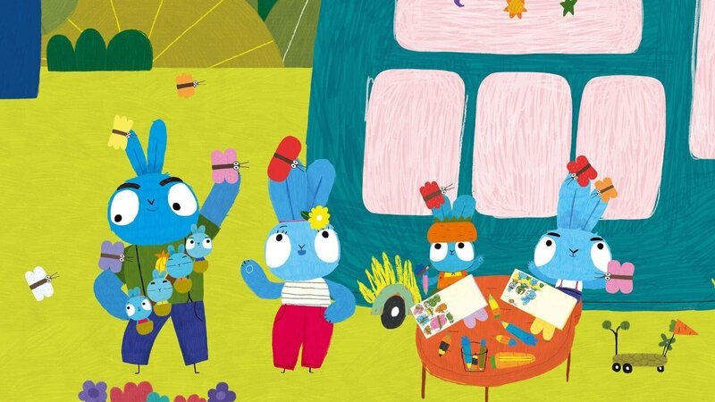 Die Hasenfamilie macht einen Ausflug in den Dschungel! Dort lernen Bop (re.) und Boo (2.v.re.) das kleine Krokodil Kevin kennen. – Bild: 2020 publishing house Glowberry Books LLC